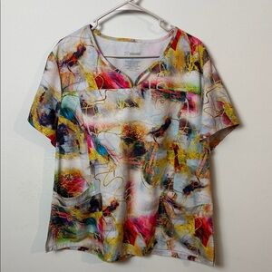 PANDAMED V-Neck Short Sleeve Multi-Color Abstract Print SCRUB Top ~ 2XL